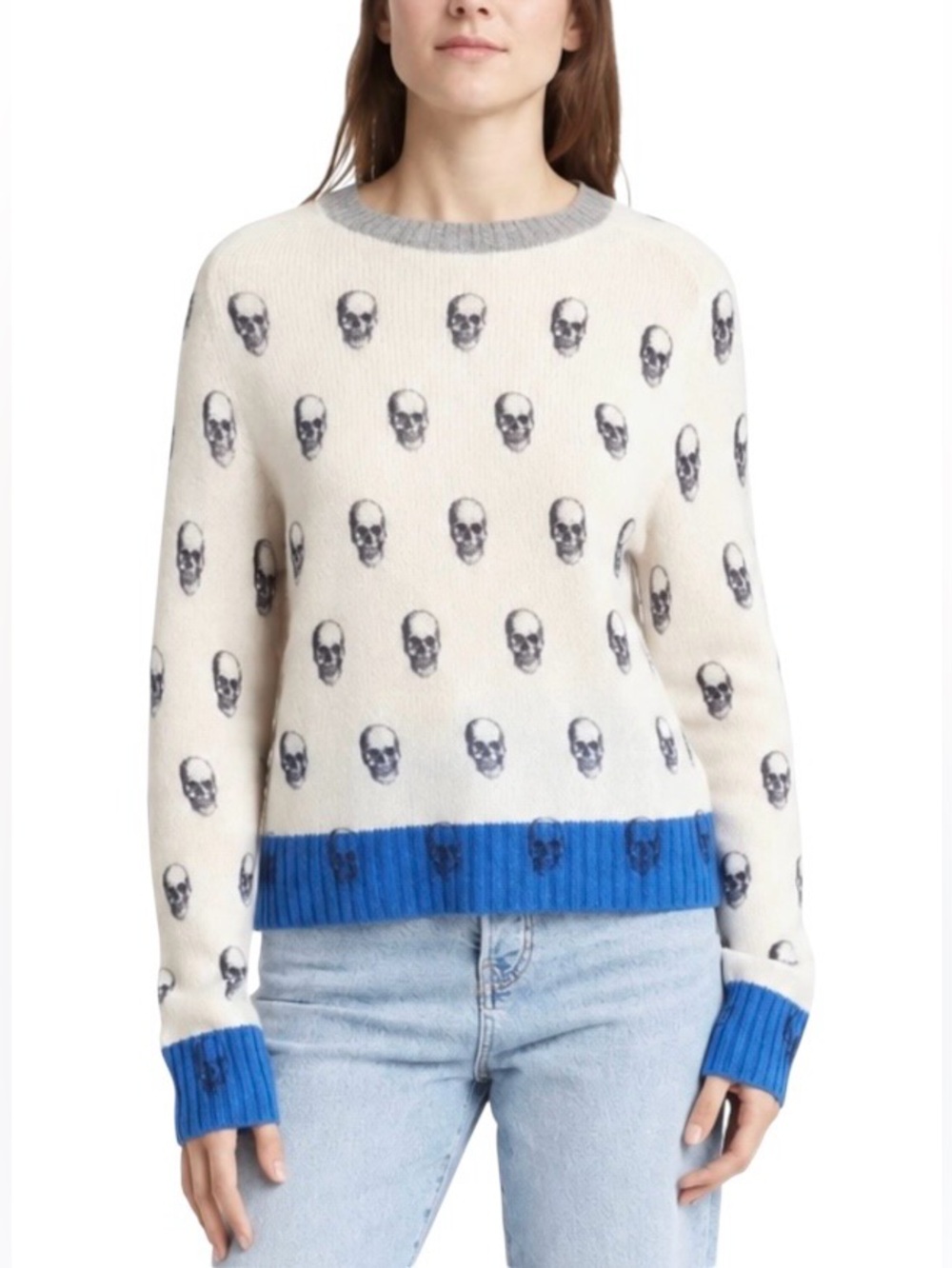 NWT Skull Cashmere Multicolor Colorblock Skull Print Sweater - Sz S